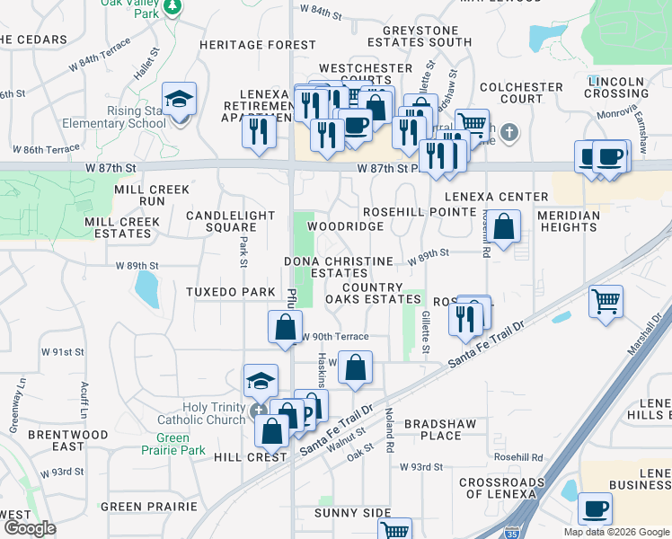 map of restaurants, bars, coffee shops, grocery stores, and more near 13308 West 89th Terrace in Lenexa