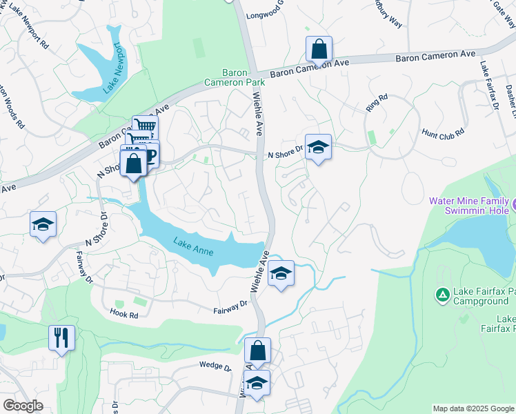map of restaurants, bars, coffee shops, grocery stores, and more near 1527 Inlet Court in Reston