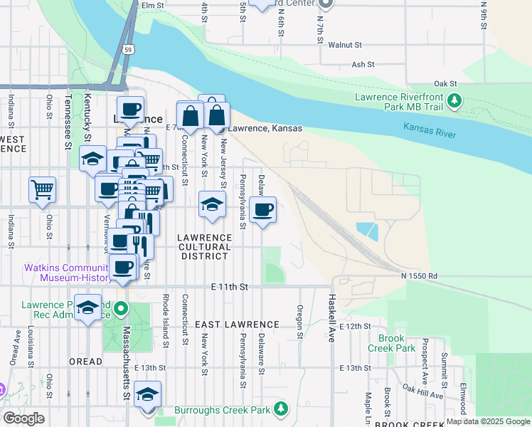 map of restaurants, bars, coffee shops, grocery stores, and more near 900 Delaware Street in Lawrence