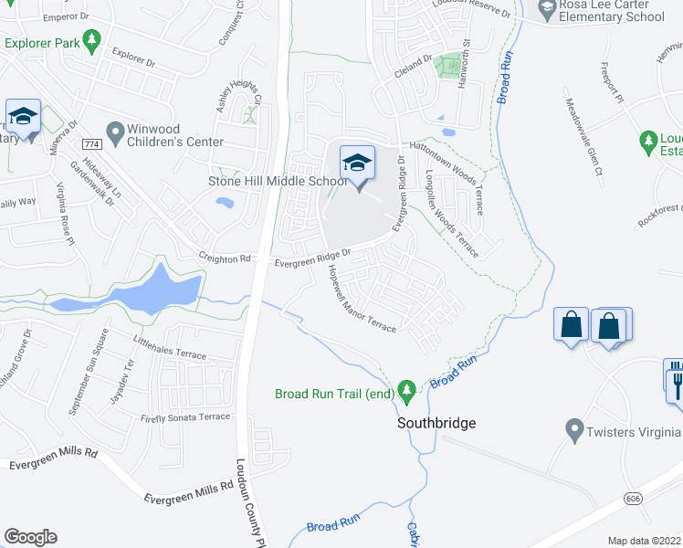 map of restaurants, bars, coffee shops, grocery stores, and more near 43061 Thoroughfare Gap Terrace in Sterling