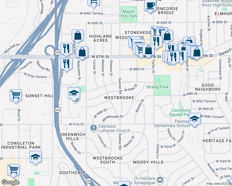 map of restaurants, bars, coffee shops, grocery stores, and more near 10306 West 89th Terrace in Overland Park