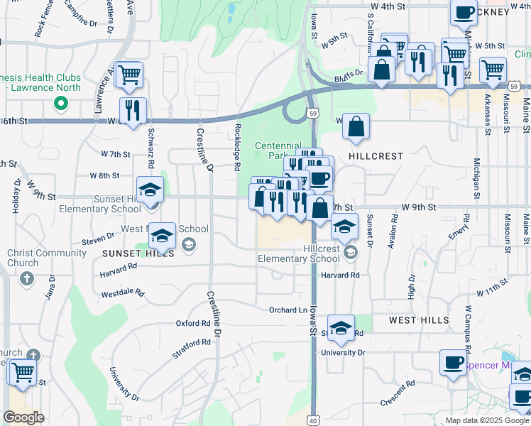 map of restaurants, bars, coffee shops, grocery stores, and more near 954 Centennial Drive in Lawrence