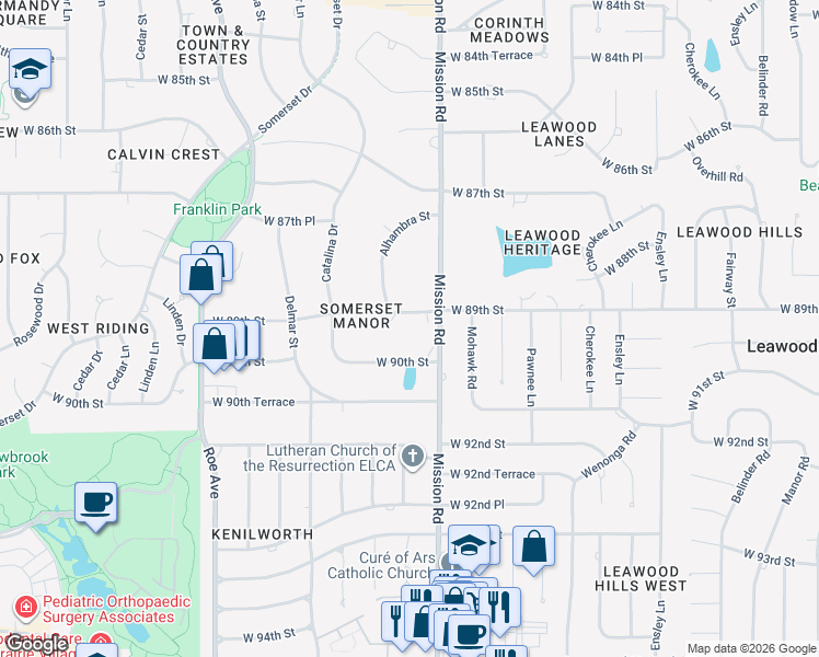 map of restaurants, bars, coffee shops, grocery stores, and more near 3919 West 89th Street in Prairie Village