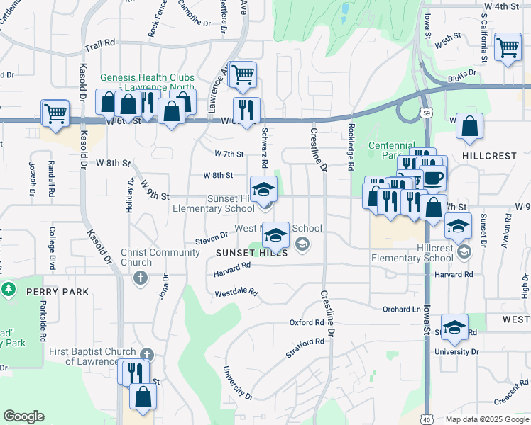 map of restaurants, bars, coffee shops, grocery stores, and more near 901 Schwarz Road in Lawrence
