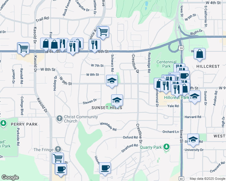 map of restaurants, bars, coffee shops, grocery stores, and more near 901 Schwarz Road in Lawrence