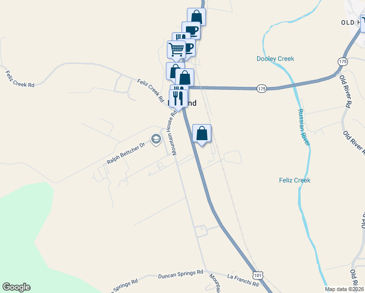 map of restaurants, bars, coffee shops, grocery stores, and more near 13795 Mountain House Road in Hopland