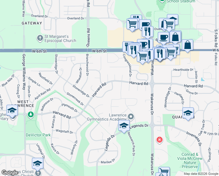 map of restaurants, bars, coffee shops, grocery stores, and more near 1009 Summerfield Way in Lawrence