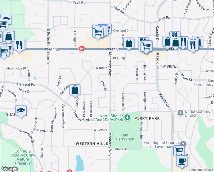 map of restaurants, bars, coffee shops, grocery stores, and more near in Lawrence