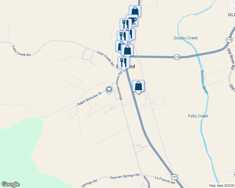 map of restaurants, bars, coffee shops, grocery stores, and more near 13795-13799 Mountain House Road in Mendocino