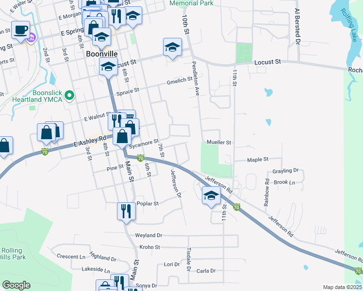 map of restaurants, bars, coffee shops, grocery stores, and more near 808 Rice Avenue in Boonville