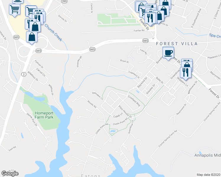map of restaurants, bars, coffee shops, grocery stores, and more near 738 Pearson Point in Annapolis