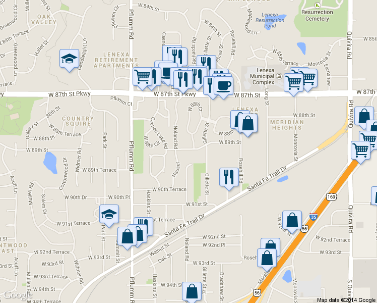 map of restaurants, bars, coffee shops, grocery stores, and more near 13141 West 89th Street in Lenexa