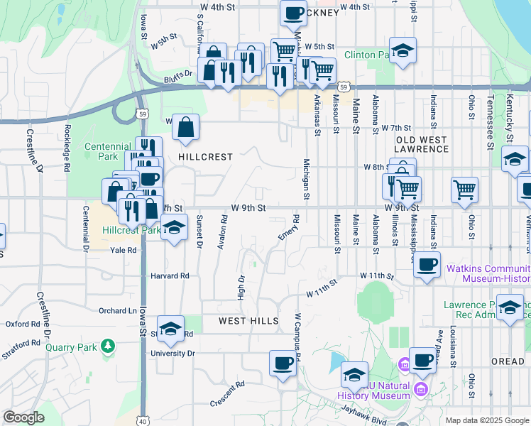 map of restaurants, bars, coffee shops, grocery stores, and more near 1517 West 9th Street in Lawrence