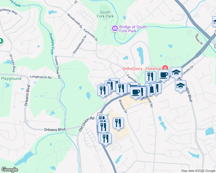 map of restaurants, bars, coffee shops, grocery stores, and more near 45 Northfield Drive in Florence