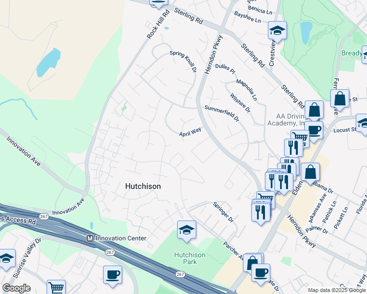 map of restaurants, bars, coffee shops, grocery stores, and more near 701 Gentle Breeze Court in Herndon