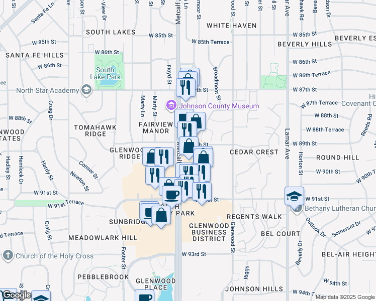 map of restaurants, bars, coffee shops, grocery stores, and more near 8901 Metcalf Avenue in Overland Park