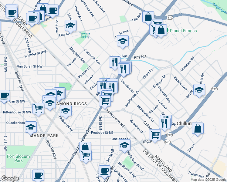 map of restaurants, bars, coffee shops, grocery stores, and more near 6401 New Hampshire Avenue in Hyattsville
