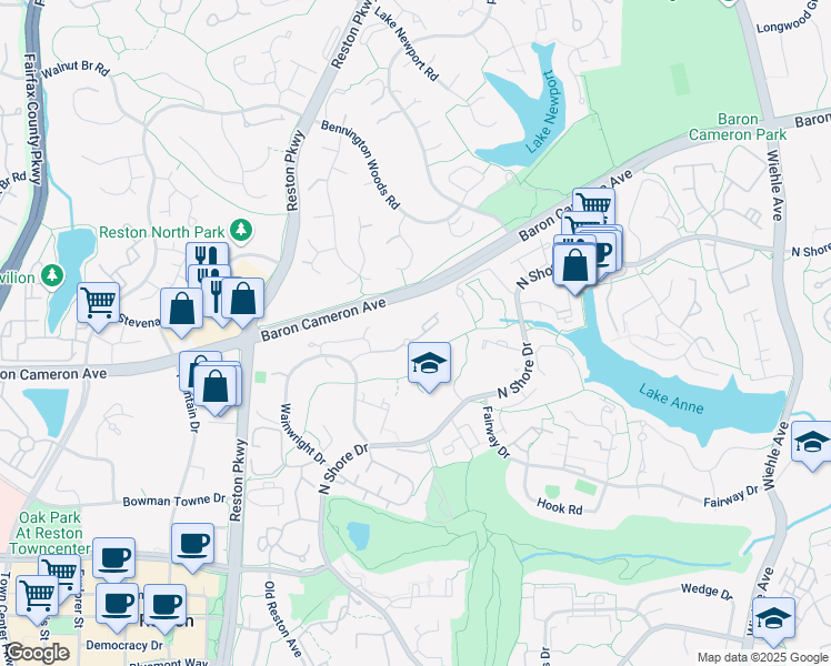 map of restaurants, bars, coffee shops, grocery stores, and more near 11612 Vantage Hill Road in Reston
