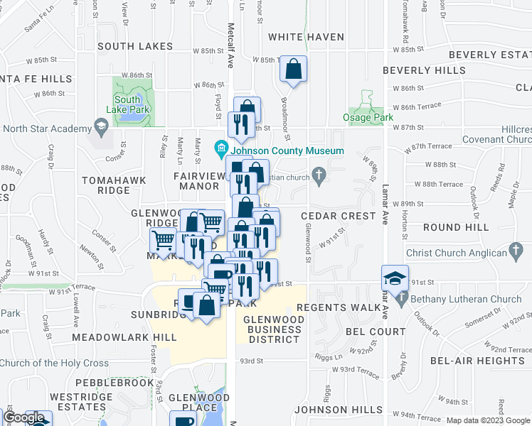 map of restaurants, bars, coffee shops, grocery stores, and more near 8961 Metcalf Avenue in Overland Park