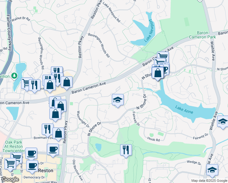 map of restaurants, bars, coffee shops, grocery stores, and more near 11612 Vantage Hill Road in Reston