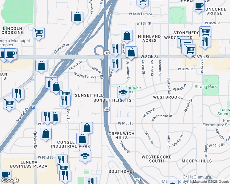 map of restaurants, bars, coffee shops, grocery stores, and more near 8829 Reeder Street in Overland Park
