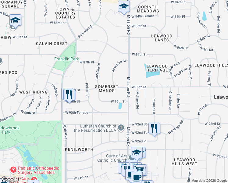 map of restaurants, bars, coffee shops, grocery stores, and more near 3919 West 89th Street in Prairie Village