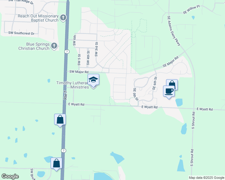 map of restaurants, bars, coffee shops, grocery stores, and more near 8225 Southwest 3rd Street in Blue Springs
