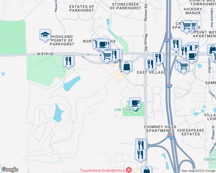 map of restaurants, bars, coffee shops, grocery stores, and more near 8891 Mill Creek Road in Lenexa