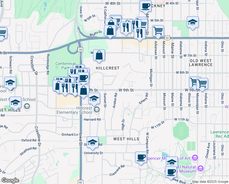 map of restaurants, bars, coffee shops, grocery stores, and more near 901 Avalon Road in Lawrence