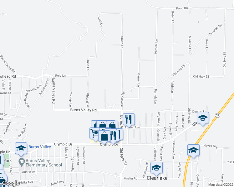 map of restaurants, bars, coffee shops, grocery stores, and more near 3245 Sharp Lane in Clearlake