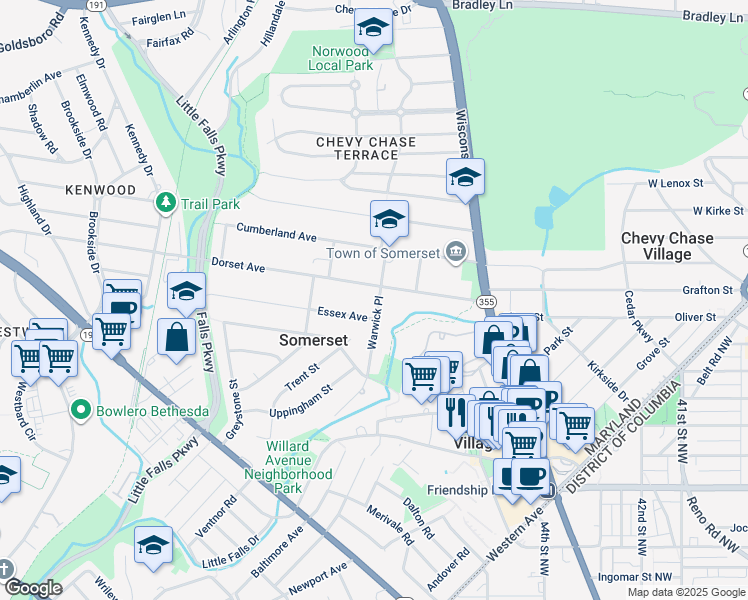 map of restaurants, bars, coffee shops, grocery stores, and more near 5710 Warwick Place in Chevy Chase