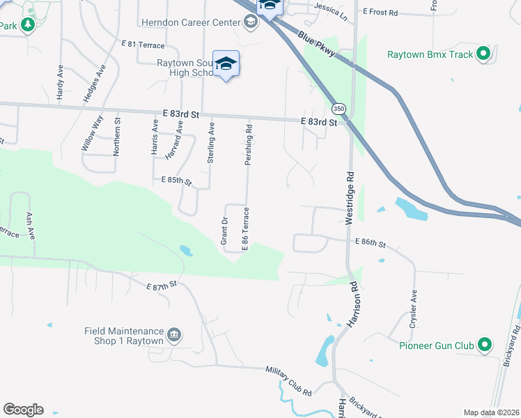 map of restaurants, bars, coffee shops, grocery stores, and more near 8505 Pershing Road in Raytown