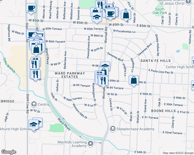 map of restaurants, bars, coffee shops, grocery stores, and more near 418 West 89th Street in Kansas City