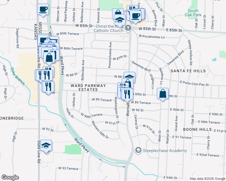 map of restaurants, bars, coffee shops, grocery stores, and more near 501 West 89th Street in Kansas City