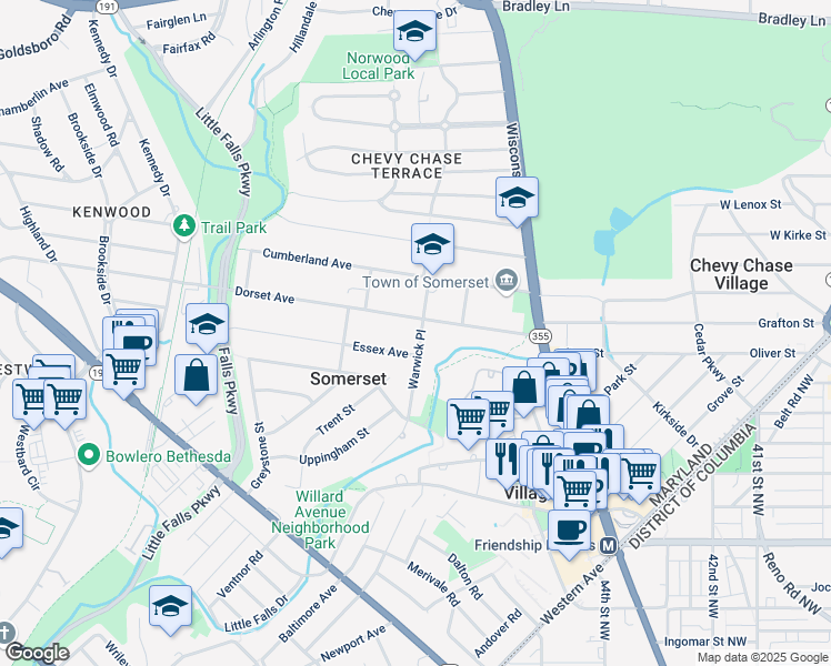 map of restaurants, bars, coffee shops, grocery stores, and more near 5710 Warwick Place in Chevy Chase
