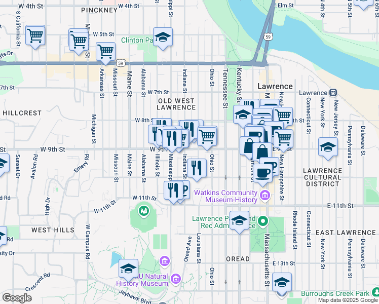 map of restaurants, bars, coffee shops, grocery stores, and more near 912 Indiana Street in Lawrence