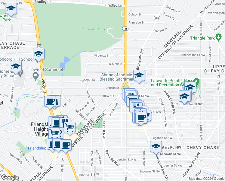 map of restaurants, bars, coffee shops, grocery stores, and more near 8 Grafton Street in Chevy Chase