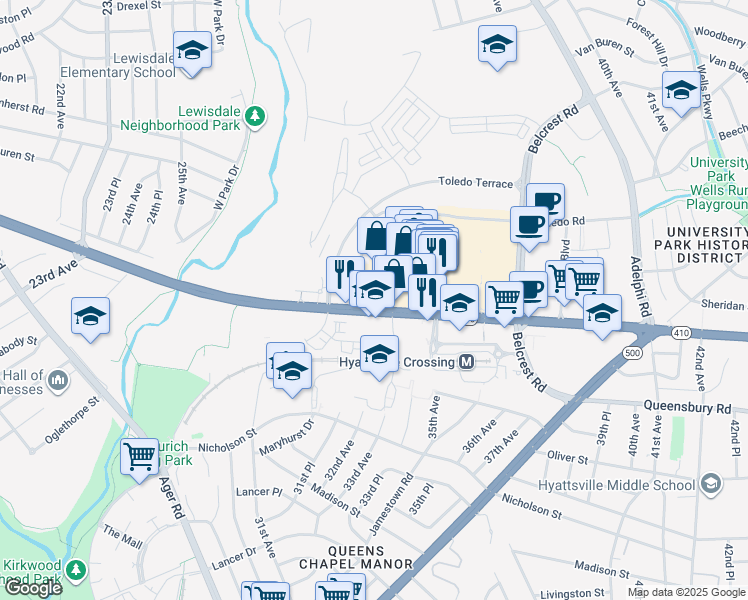 map of restaurants, bars, coffee shops, grocery stores, and more near 3430 East-West Highway in Hyattsville