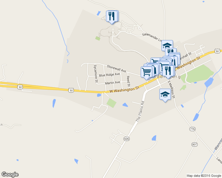 map of restaurants, bars, coffee shops, grocery stores, and more near 704 West Washington Street in Middleburg