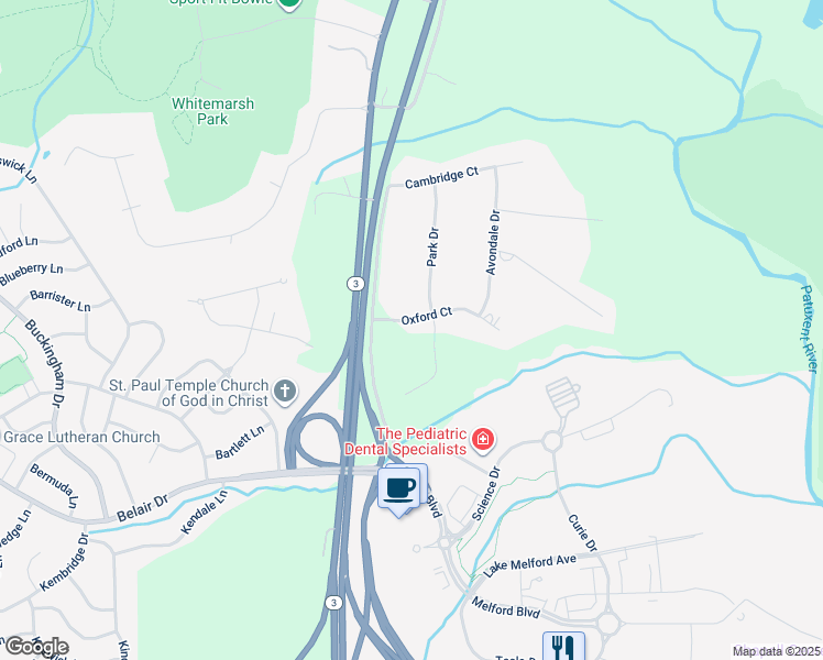 map of restaurants, bars, coffee shops, grocery stores, and more near 16121 Oxford Court in Bowie