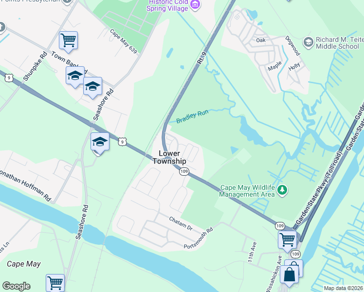 map of restaurants, bars, coffee shops, grocery stores, and more near 211 Cape May Circle in Cape May