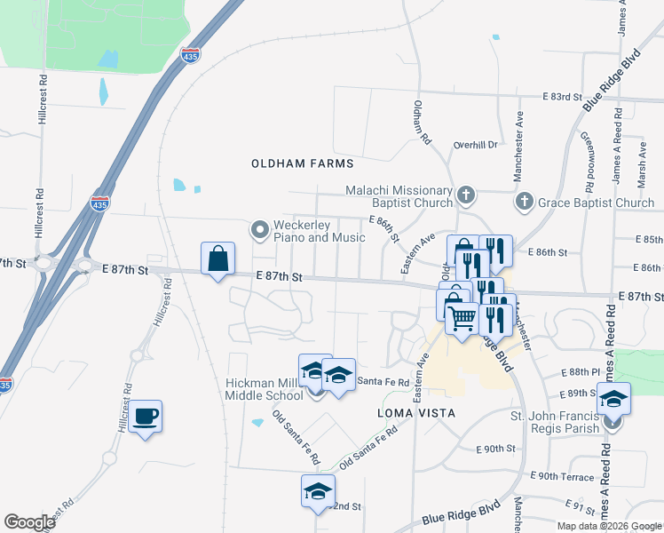 map of restaurants, bars, coffee shops, grocery stores, and more near 8620 Bristol Avenue in Kansas City
