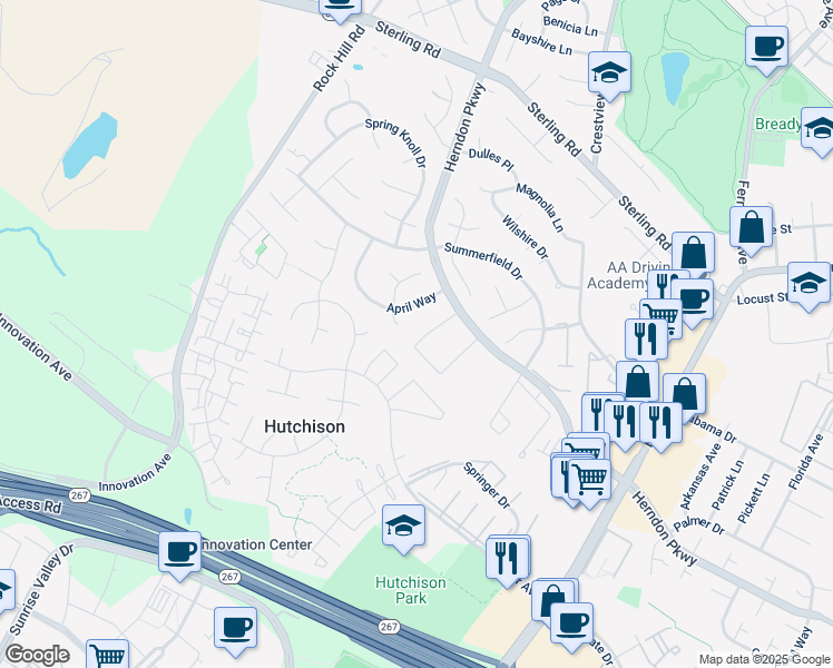 map of restaurants, bars, coffee shops, grocery stores, and more near 1307 Springtide Place in Herndon
