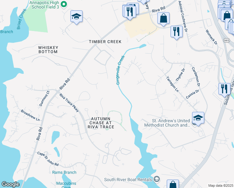 map of restaurants, bars, coffee shops, grocery stores, and more near 2700 Summerview Way in Annapolis