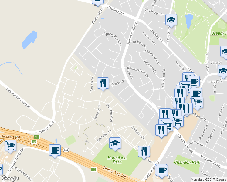 map of restaurants, bars, coffee shops, grocery stores, and more near 701 Gentle Breeze Court in Herndon
