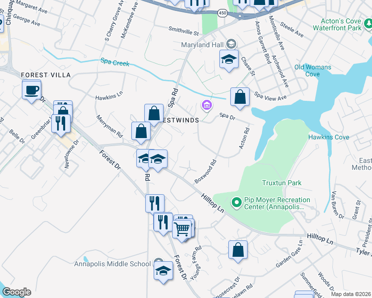 map of restaurants, bars, coffee shops, grocery stores, and more near 231 Chatham Lane in Annapolis