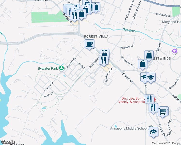map of restaurants, bars, coffee shops, grocery stores, and more near 1600 Belle Drive in Annapolis