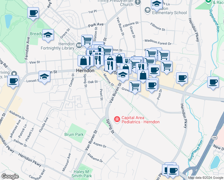 map of restaurants, bars, coffee shops, grocery stores, and more near 115 Anthem Avenue in Herndon