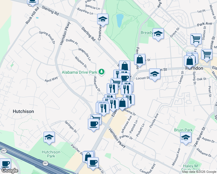 map of restaurants, bars, coffee shops, grocery stores, and more near 661 Dulles Park Court in Herndon