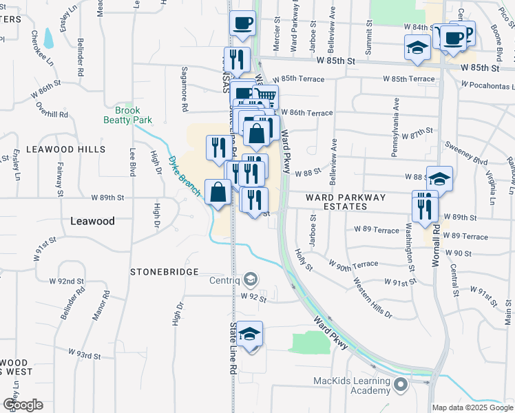 map of restaurants, bars, coffee shops, grocery stores, and more near 8600 Ward Parkway in Kansas City
